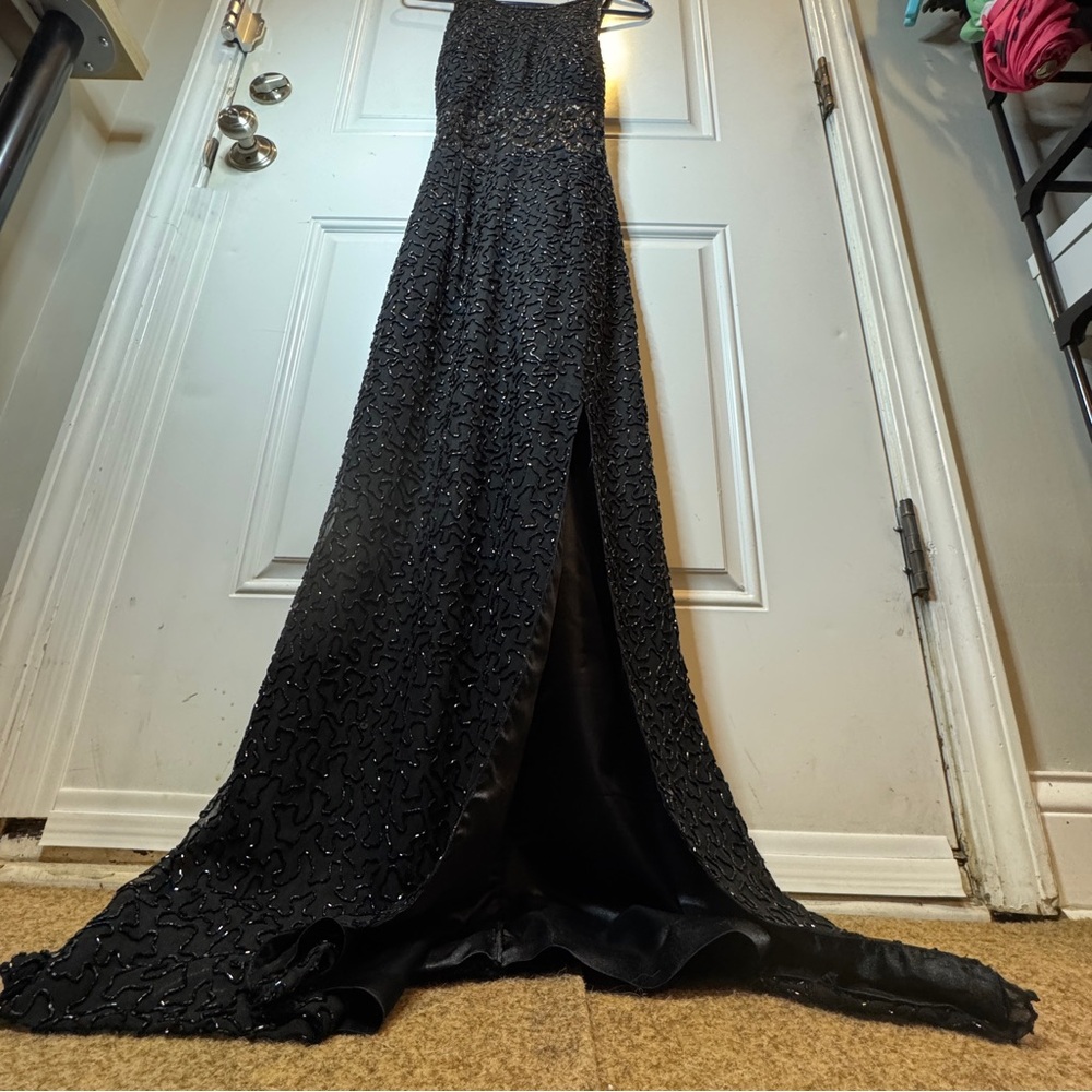 Sean Prestige Fully Beaded 100% Silk Formal Gown Strappy Dress Panel Slit